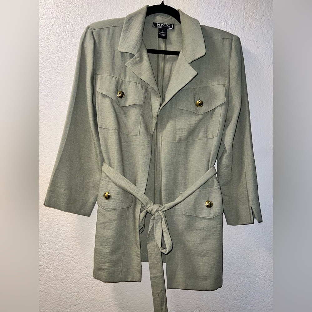 NYC Green Utility Jacket with Belted Waist and Classic Collar